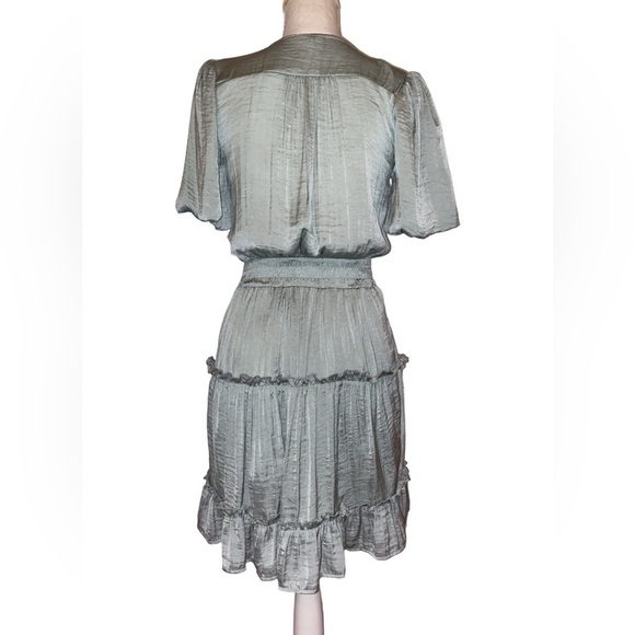 Glam Brand Midi Ruffle Dress with Balloon Sleeves & a Tiered Skirt Sage GRN SZM - Picture 2 of 8